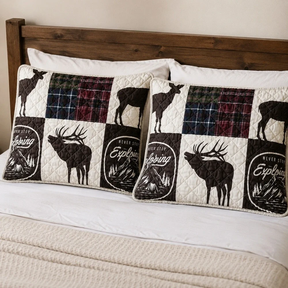 Rustic Lodge Elk Plaid Patchwork Quilted Pillow Sham Set of 2 Brown Cream 25x19